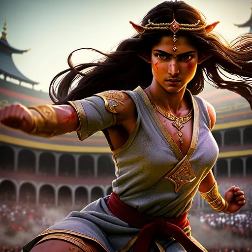 Prompt: (Hyperrealistic highly detailed wide shot photography of Morya the martial artist female gladiator in arena stadium)
Beautiful, elven, dirty, dusty, athletic, agile, fast, strong-willed, determined eyes, focused, huge scars, very long black hair, silver eyes, tattered clothes, barely covering clothes, shackles, blood, sweat, fighting stance. Fantasy. Antiquity.  Ready to fight. Karate. Kung fu. Martial art.
Public. gladiators. Starry nights.