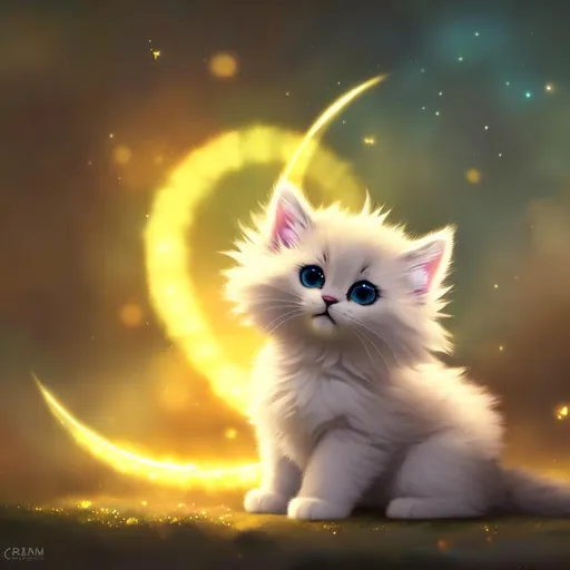 Prompt: Cute, yellow, fluffy, fantasy light kitten, with lighting, yellow eyes, yellow fur, and possessing the element of space and making circles of lighting stripes
 move around in the air in a magical way, in a space background. Perfect features, extremely detailed, realistic. Krenz Cushart + loish +gaston bussiere +craig mullins, j. c. leyendecker +Artgerm.