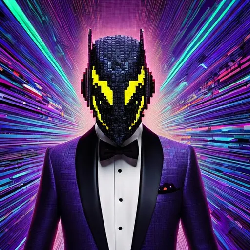 Prompt: The Pixel Prowler, an enigmatic Digital Hooligan, roams the digital landscape in unparalleled style.  
Draped in a tuxedo that seems woven from the very fabric of the internet, it mesmerizes with its ever-shifting, radiant colors, resembling a dynamic visual symphony. Their mask is a masterpiece, featuring a cursor-shaped emblem adorned with radiant LEDs that amplify their digital vision. In their gloved hands, they wield a dynamic mouse pointer, a tool of pixel-perfect precision, emitting a soft, pulsating glow as it transforms ordinary ads into immersive, interactive masterpieces. This character's enigmatic grin captures their commitment to redefining the art of online advertising, inspiring marketers to break free from convention and embrace a new era of creativity in the digital advertising landscape. With charisma, innovation, and a unique blend of style and digital prowess, the Pixel Prowler stands as an emblematic figure, leading the charge in revolutionizing online advertising, captivating audiences with their dynamic and immersive approach.