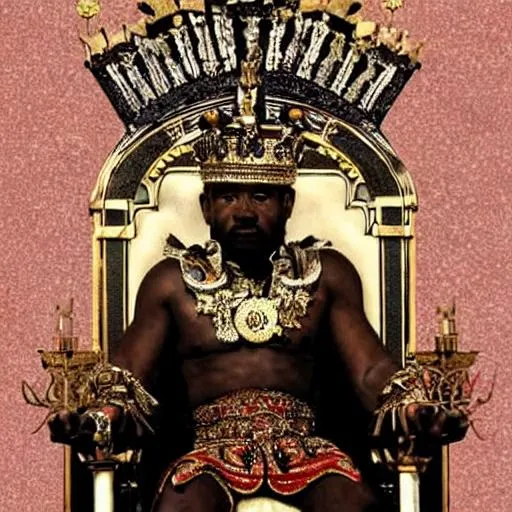 Prompt: Black god wearing crown crying blood sitting on throne