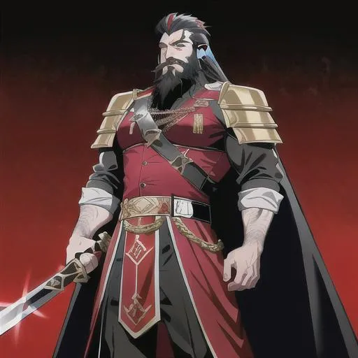 Prompt: a king wearing red and black clothes, metal clothes on his shoulder, a long sword in his right hand, he possess mighty pose, he bears long black hairs, he is very handsome and having muscular body, clear face eyes nose having beard