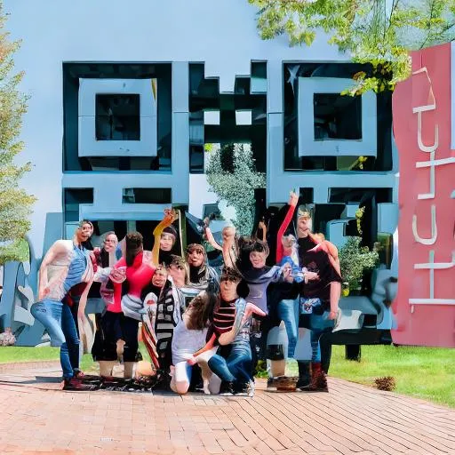 Prompt: erasmus students standing in front of the university of twente  entrance having fun
