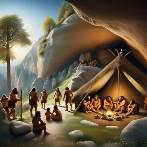 Prompt: A settlement of Neanderthals composed of men, women, and children, located in Central Europe approximately 100,000 years ago.