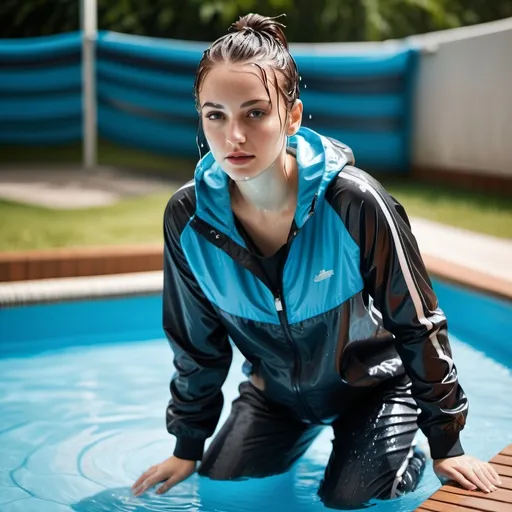 Prompt: photo of young woman, soaking wet clothes, nylon tracksuit pants, nylon tracksuit jacket,  , swimming in pool,   enjoying, water dripping from clothes, clothes stuck to body,  detailed textures of the wet fabric, wet face, wet plastered hair,  wet, drenched, professional, high-quality details, full body view 