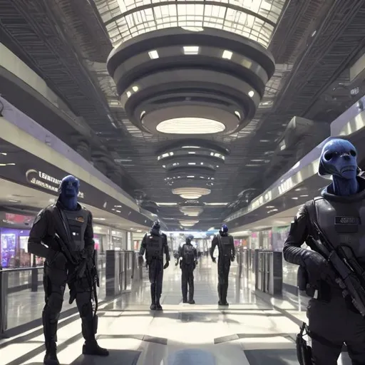 Prompt: lion security guards in a busy alien mall, widescreen, infinity vanishing point, galaxy background, surprise easter egg