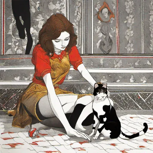 Prompt:  a crying 25 years old woman with shoulder-length brown hair,  forward with her legs dangling over the edge of the stage which lights are red and gold. she is staring sadly into her lap while a cat approaches her from her left and the cat touches her arm with his paw. The cat's colors are black and white with cow pattern. the cats is a ghost. high resolution. 4k. realistic. 
