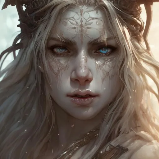 Prompt: Portrait of a female {barbarian}, pale skin, big dreamy eyes, beautiful intricate bleached hair, muscular, plus size, anime wide eyes, dungeon lighting, detailed face, concept art, {large cleavage}, 4K,