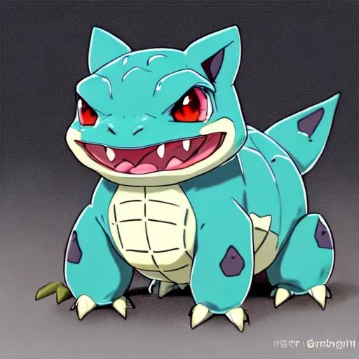Prompt: HD, High Quality, 5K, Anime, Bulbasaur, small quadrupedal amphibian,  blue skin with darker patches, It has red eyes with white pupils, pointed, ear-like structures on top of its head, and a short, blunt snout with a wide mouth. A pair of small, pointed teeth are visible in the upper jaw when its mouth is open. Each of its thick legs ends with three sharp claws. On Bulbasaur's back is a bright green circular plant bulb that conceals two slender, tentacle-like vines, which is grown from a seed planted there at birth. The bulb also provides it with energy through photosynthesis as well as from the nutrient-rich seeds contained within, forest, Pokémon by Frank Frazetta