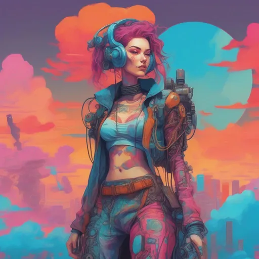 Prompt: A vibrantly and brightly coloured and colourful and beautiful head to toe Persephone as a cyberpunk woman with a robot arm, wearing boho clothes, with clouds for hair in a painted style