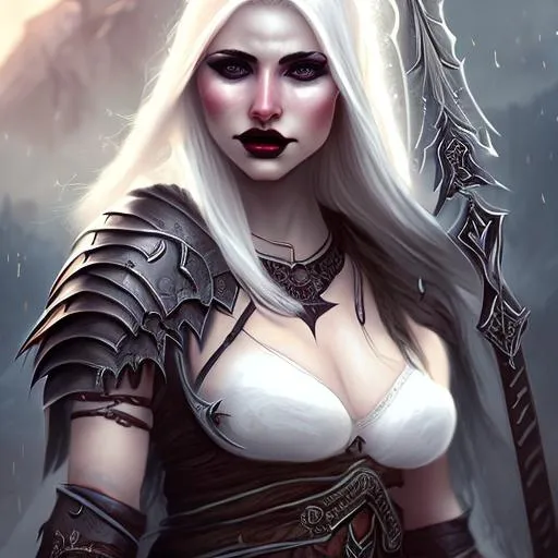 Prompt: Female Orc with white skin and tusks, female, woman,  tusks, armor, no helmet, white long hair, gothic art style, digital painting, character concept, fantasy, portrait