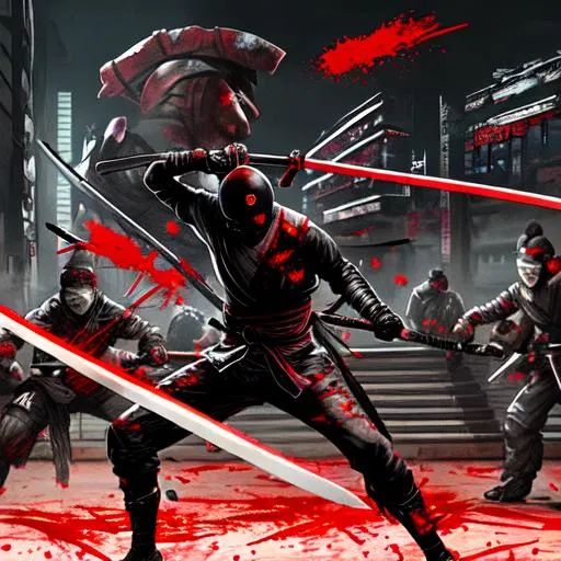 Prompt: Ninja wielding Katana chopping off Arm of Samurai while Blood Splatters Everywhere in Cyber Punk City in Same Scene