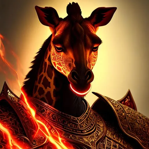 Prompt: an anthropomorphic Giraffe, mythological creature, large head, red glowing eyes, chest armor, muscled, highly detailed face and fur, dark skin, chiaroscuro, volumetric lighting, d&d character, oil on canvas, intricate detail