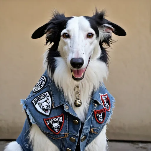 Prompt: borzoi wearing a heavy metal music denim vest with patches
