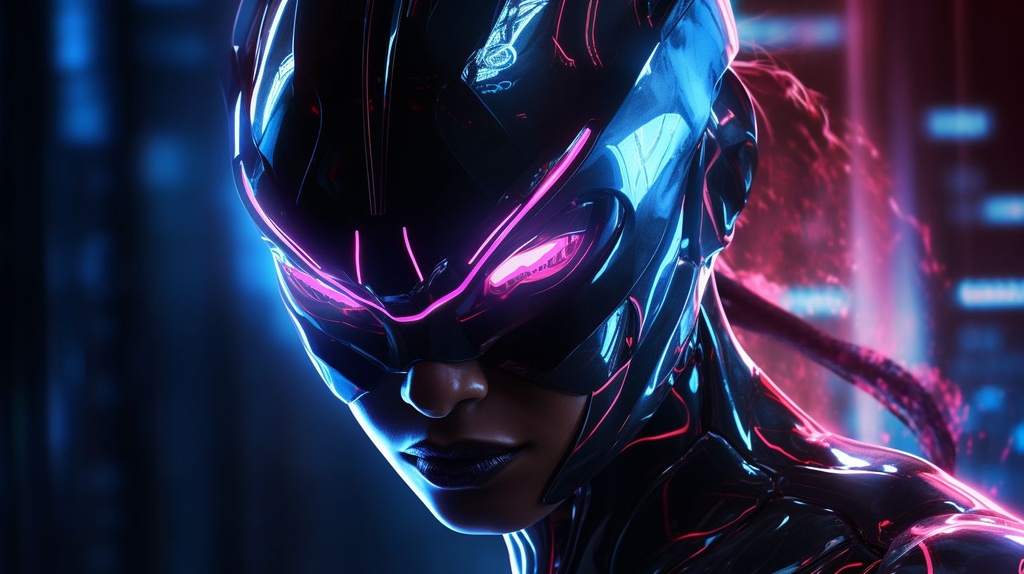 Prompt: an art photo of a female cyber villain, in the style of neon, high speed sync, toonami, kadir nelson, ahmed morsi, superheroes, android jones