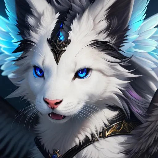Prompt: portrait of a roaring angel dragon with fangs and iridescent black markings and a cute face, perfect composition, hyperrealistic, super detailed, 8k, high quality, trending art, trending on artstation, sharp focus, studio photo, intricate details, highly detailed