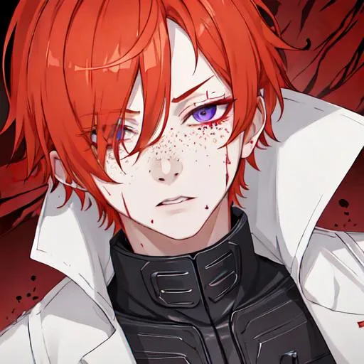 Prompt: Erikku male adult (short ginger hair, freckles, right eye blue left eye purple)  UHD, 8K, insane detail anime style, covered in blood, psychotic, covering his face with his hands, face covered in blood and cuts, blood highly detailed, looking to the side