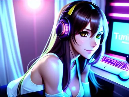 Prompt: semi-realistic gaming anime girl in pc gaming bedroom, skin highlights, hair highlights, sweat,
blushing, movie scene, adult researcher, glamour, cleavage,
wonderful face, very detailed face, extremely detailed face, highly detailed face, soft smile, happy,
perfect face, perfect eyes, perfect teeth, perfect body, perfect anatomy, beautiful body, trending on instagram, trending on tiktok, trending on artstation, trending on cgsociety, white sclera,
photorealistic, masterpiece, cinematic, 16k artistic photography, epic, drama, 
romance, glamour, beauty, 
cinematic lighting, dramatic lighting, insanely detailed, soft natural volumetric cinematic lighting, award-winning photography, rendering, hd, high definition, 
highly detailed