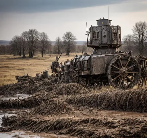 Prompt: A steampunk turret is mounted on top of A battered steampunk war carriage on the battlefields of ww1. barbed wire, trenches, dead soldiers and horses litter the muddy and destroyed terrain. Burned tree stumps smoilder in the background.