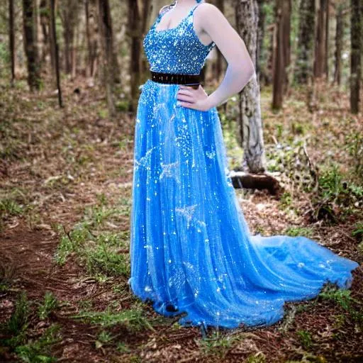 Prompt: A long blue dress, covered in stars, and light blue streaks in different shades, and with a silver belt, in the middle of the forest on a mannequin. 