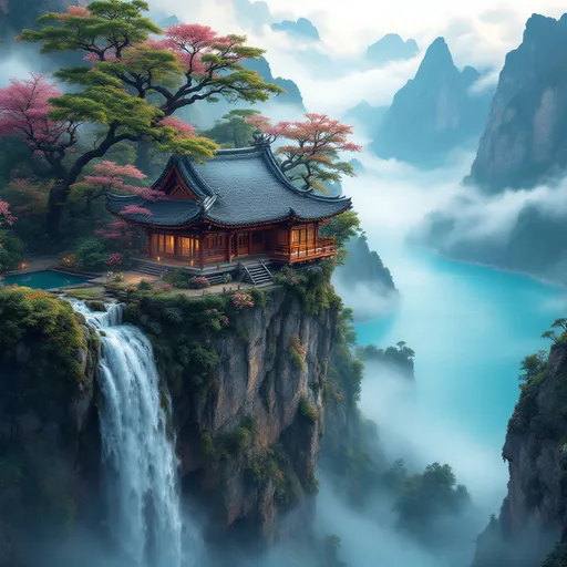 Prompt: 在中国，云朵中的石头长了一些青苔和一些五颜六色的花朵，云朵上有一座道观和一个湖，一个瀑布流到下面的巨大湖泊，壮观、震撼、敬畏、庄严的效果。道观周围有松柏和竹林，高清晰度航拍照片呈现出细腻的纹理和自然的色彩，高分辨率的细节让人第一眼就有身临其境的感觉。
