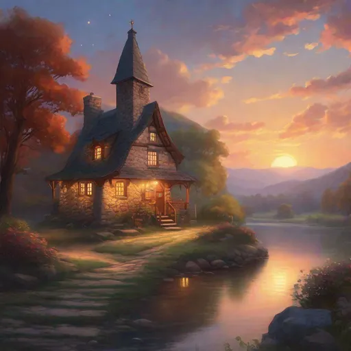 Prompt: RPG, high res, illustration, sunset, stars, an 18th-century colonial tavern {cottagecore}, medieval stone tower, pointed wooden roof, ((otherworldly)), Beautiful space, along a scenic river bank. in the style of Thomas Kinkade. 