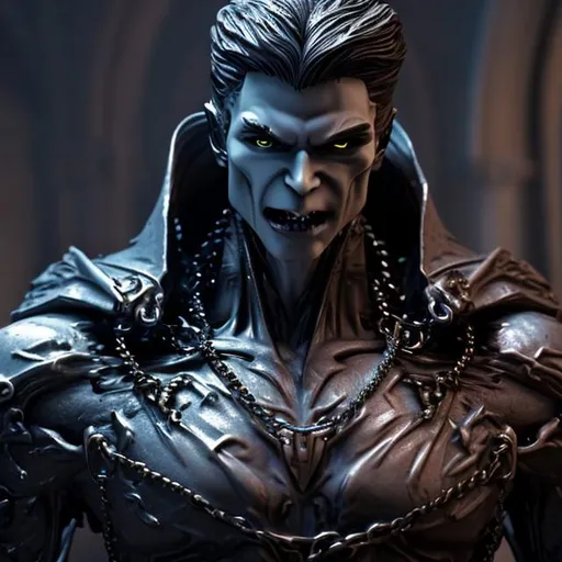 Prompt: Beautiful vampire make statue made of stone in dimly lit cathedral, modern with cybernetic tubes connected to it photo realistic vibrant hero pose , lean and muscular modern slick combover, place a gold chain around his neck as a necklace blue eyes