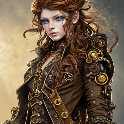 Prompt: Fantasy stunning steampunk woman, standing,  deep even blue eyes, wearing a brass and brown monokel on side of head, soft facial features, with auburn hair streaked with gold, wearing leather cap with brass buttons, leatther high neck jacket, long leather pants trimmed with  brass buttons, brown boots with brass eyelets, laced up,  detailed edges on white background