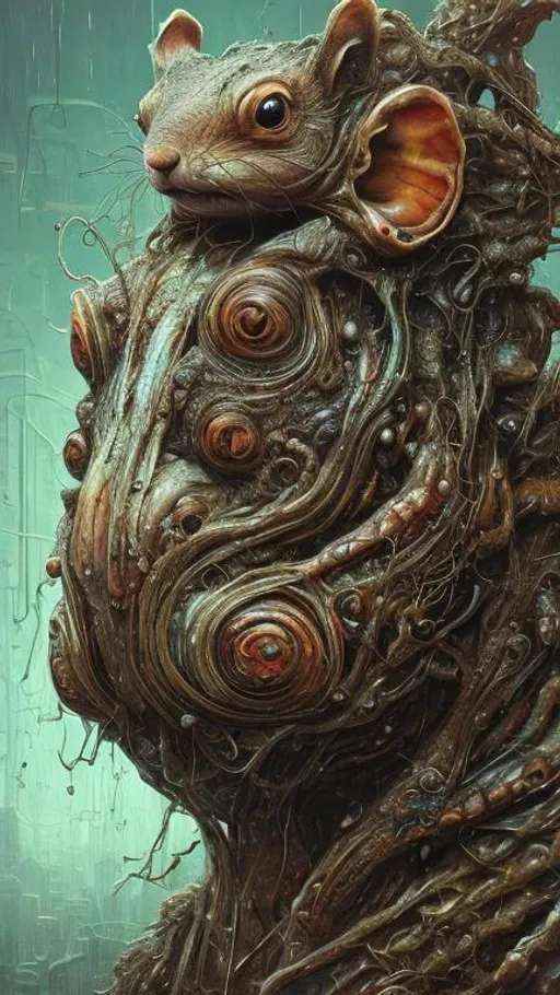 Prompt: Portrait of an incredibly ugly person with the head of a squirrel. slimy and wet, intricate complexity, horror, psychedelic art, trending on art station, photoreal, 8k, octane render, by Naoto Hattori + Daniel Merriam, dystopian background, tetradic colors dystopian fantastical hyperdetailed cyberpunk