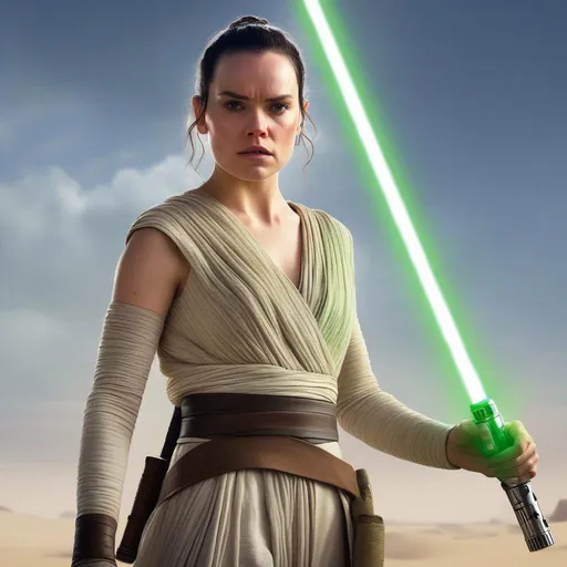 Prompt: Daisy Ridley as Rey with Luke Skywalker's green lightsaber