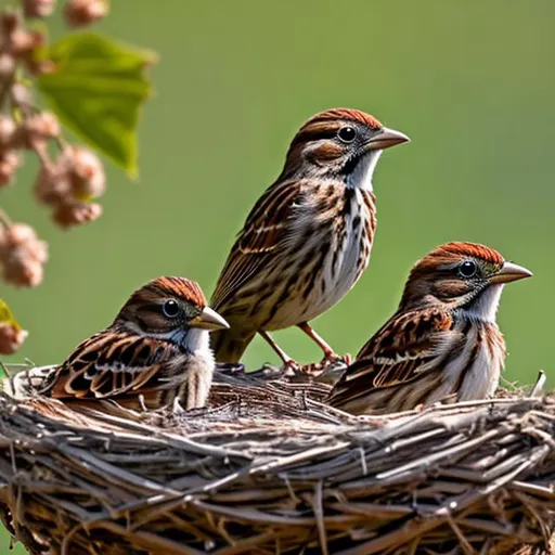 Prompt: Two young sparrows listening to bigger sparrow in nest, highly detailed image, hd, 8k