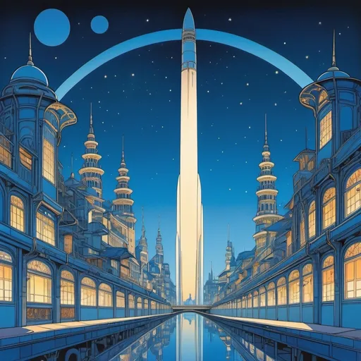 Prompt: A blue city at starlit night, art nouveau, cel shaded illustration, with starship in the sky, manga, Moebius