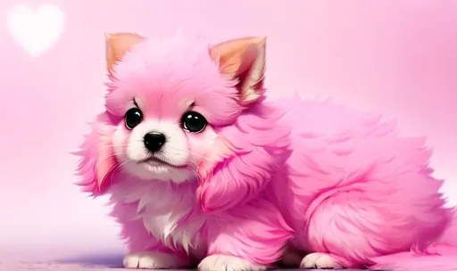 Prompt: Cute, pink, fluffy, fantasy love puppy, with light, pink eyes, very, pink fur, and possessing the element of love and making circles of hearts move around in the air in a magical way, background with pink hearts. Perfect features, extremely detailed, realistic. Krenz Cushart + loish +gaston bussiere +craig mullins, j. c. leyendecker +Artgerm.