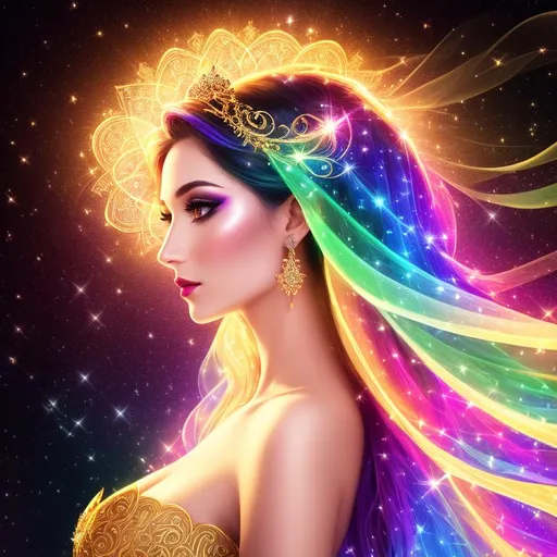 Prompt: Profile of a woman's face, bold nose, ((intricate long flowing multicolored
 hair)), (long flowing gown), (filigree hair decoration), sparkling veils, snow white skin, ethereal, luminous, fireflies, galaxy background, neon light trails, glowing, nebula, dark contrast, celestial, trails of light, sparkles, 3D lighting, celestial, gold filigree, soft light, vaporwave, fantasy