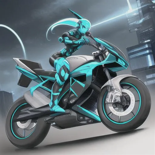 Prompt: Futuristic robot, agile, dangerous, cyan, realistic, exposed mechanics, strong, full body picture, riding motorcycle