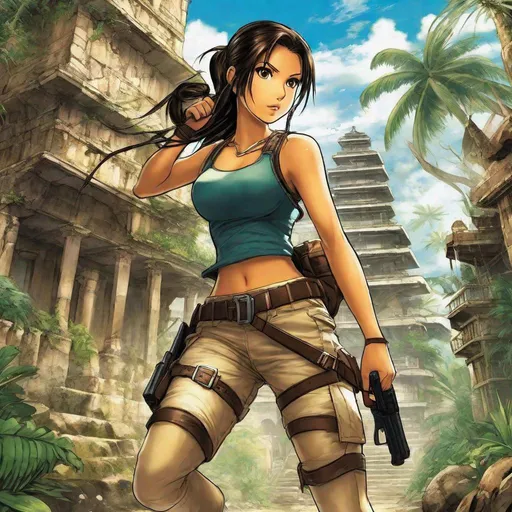 Prompt: anime art, athletic young Indonesian woman, 25 year old, (round face, high cheekbones, almond-shaped brown eyes, small delicate nose, black hair in long braid), dressed as Lara Croft, perfect hourglass figure, action pose, background ruined ancient tropical city, Japanese manga, Pixiv, Fantia