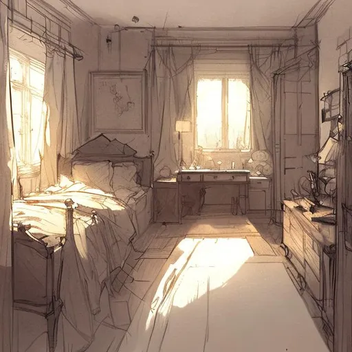 Prompt: scenary of a cozy bedroom concept art loose sketch by demizu posuka