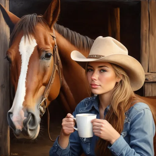 Prompt: Cowgirl drinking coffee next to her horse, realistic oil painting, rustic western style, warm earthy tones, soft natural lighting, detailed facial features, cozy atmosphere, high quality, rustic, warm lighting, cozy atmosphere, horse, coffee, cowgirl, detailed facial features, realistic, earthy tones, visual details, soft natural lighting, oil painting, western style