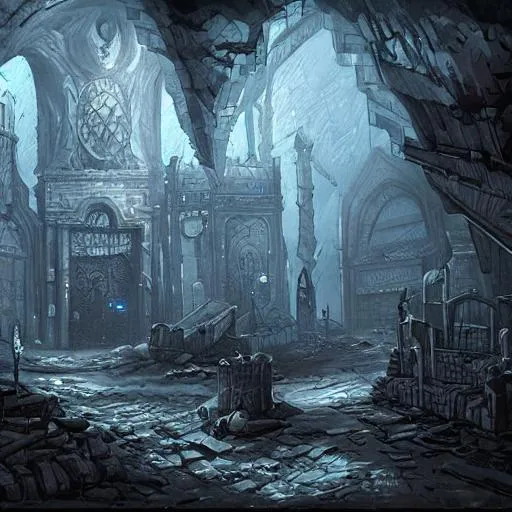 Prompt: abandoned city deep in the underdark. Skeletons riddle the floors, artstation caverns