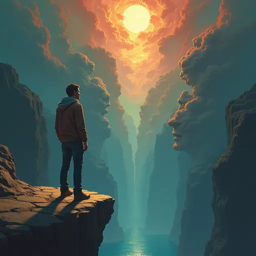 Prompt: A man stands on the brink of a cliff and stares into an abbiss of such emptiness, that a glimpse of madness flickers threw his face. The abbiss is composed out of twisted faces and colors, that the human mind is not able to comprehend the sheer vastness of the things he seas.