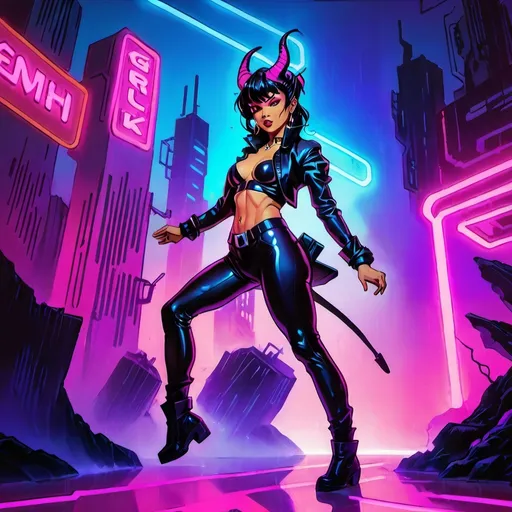 Prompt: a beautiful female demon in a dynamic pose in a retro futuristic synthwave cyberpunk neon paradise.  neon lighting, high quality, beautiful, masterpiece, artistic, synthwave, cyber, retro, futuristic