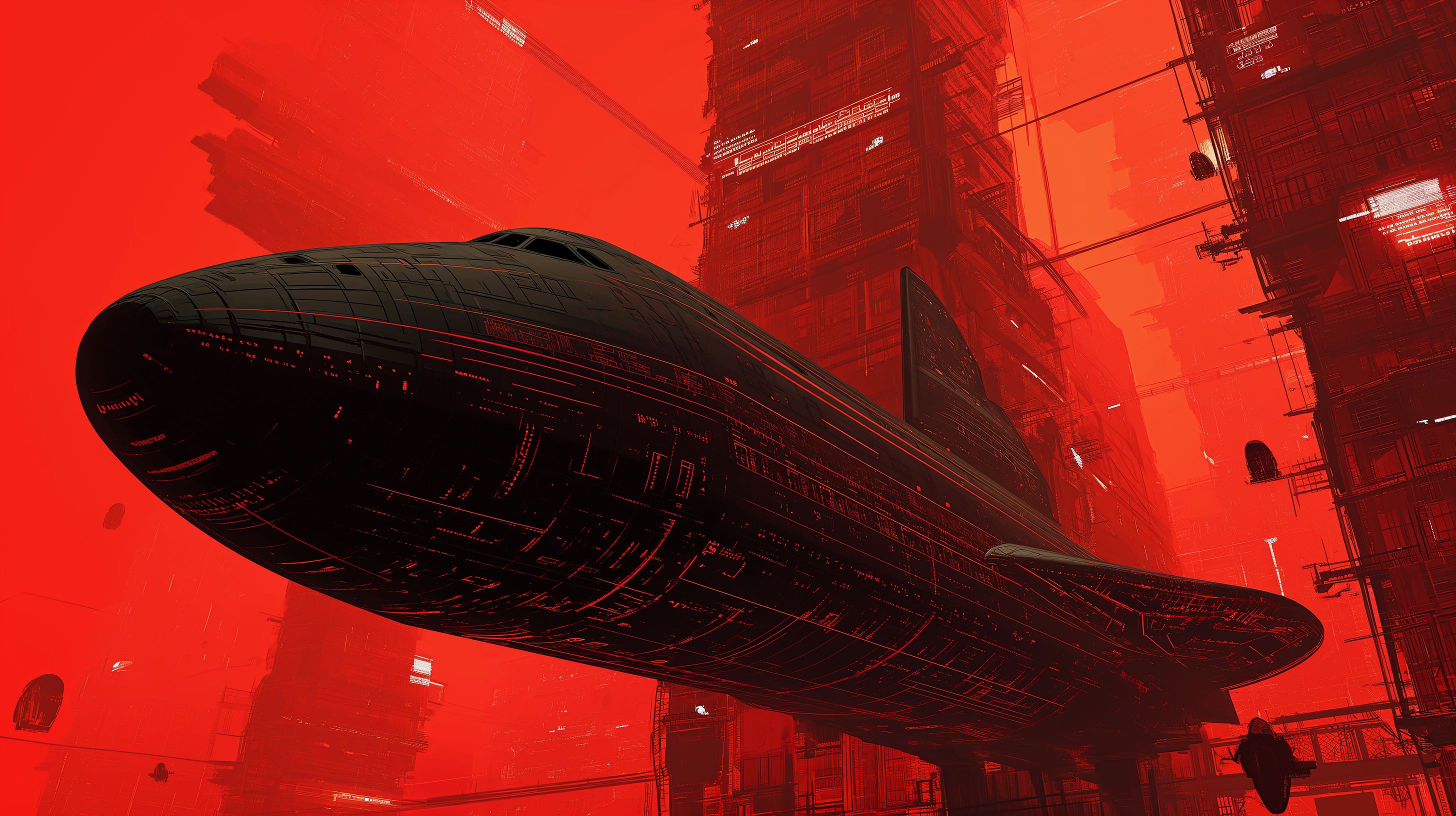 Prompt: a tall wide space shuttle black with red lines going up the body, waiting for launch against a red launch tower, tron like, glowing colors, futuristic red neon ads and signs around the passenger liner, many red windows --ar 16:9 --v 6.0