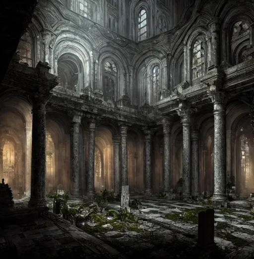 Prompt: the ruins of the crypt in the cemetery, intricate, ethereal, by luis royo, hyper detailed, weta digital, ray trace, unreal engine, trending on artist, beautifully lit, cinematic, soft light, photorealistic, volumetric, realistic, glossy, 8 k post - production, masterpiece, luxury, smooth