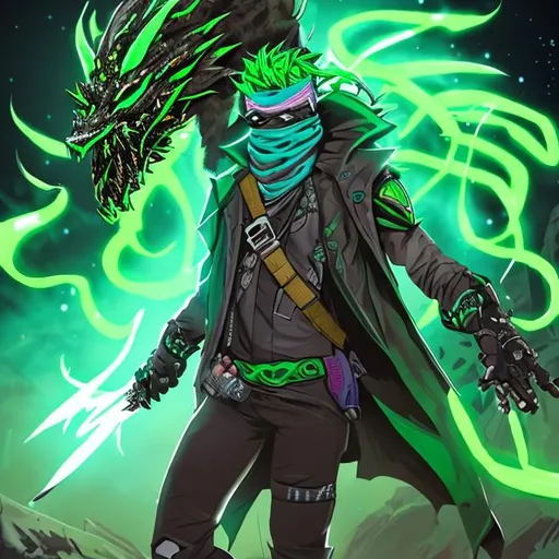 Prompt: Neon green male bounty hunter in the wilderness with magical earth controlling abilities that are supernatural   With a white bandana covering all of his face and a dark green long sword with a giant dragon logo on the front of his leather jacket And with brown messy hair