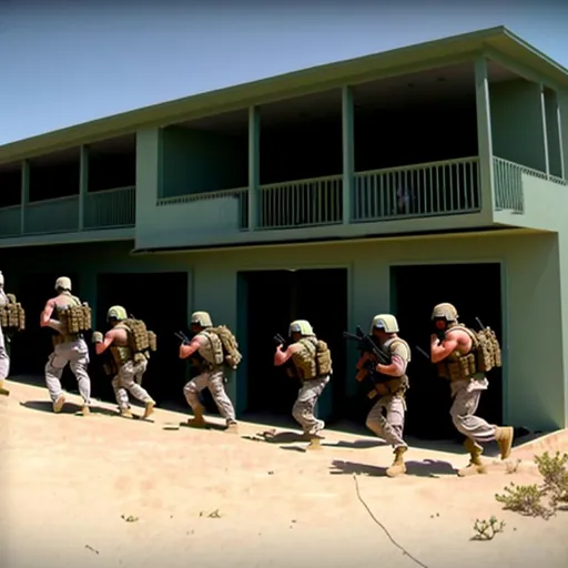 Prompt: Compound raid by seal team 6 of the us special forces 