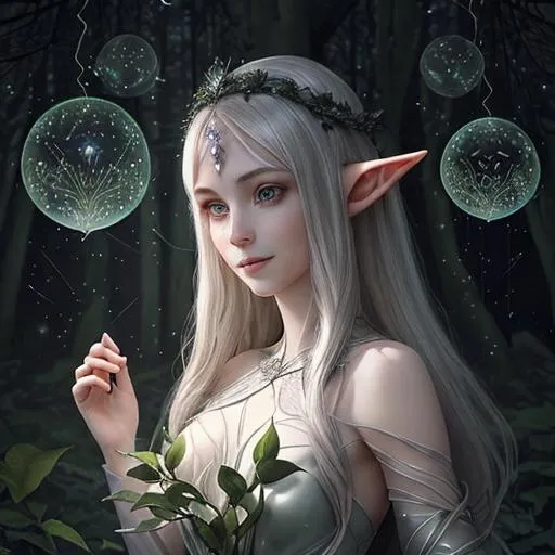 Prompt: Zoom in Portrait Very beautiful elf queen surrounded by many floating orbs of pale light (Masterpiece), long pointed elven ears, gentle eyes and smile, gentle sparks of light, black hair, (Masterpiece), in a dark forest,  very beautiful woman, fantasy, beautiful dancing pose, ominous forest background, realistic flowers and plants,, constellation-like design translucent see through Dress, in forest lovely dark purple hair, cinematic light, beautiful woman, beautiful eyes, long hair, perfect anatomy, very pretty, princess eyes, fantastic, stylised animation, bioluminescent, life size, 32K resolution, human hands, mysterious shape, graceful, almost perfect, dynamic angles, highly detailed, figure sheet, concept Art, smooth, symmetrical, balanced placement, fashion pose, 20s beauty, great hair, overhead space