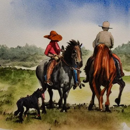 Prompt: people herding cattle on horse  with dog watercolor
