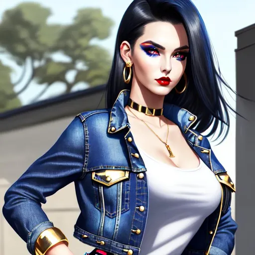 Prompt: full body photo of girl with beautiful face, red eyes, red lips, ear out hair, black hair looking at roof, dark forest backround, realistic style, trending on art station, blue open jeans jacket with semi shirted jeans, golden accesories under neck and ear, blue color makeup