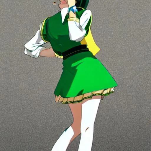 Prompt: tall girl with green mini skirt sailor uniform green heels brown ponytail gold tiara green eyes rose earrings anime and white gloves