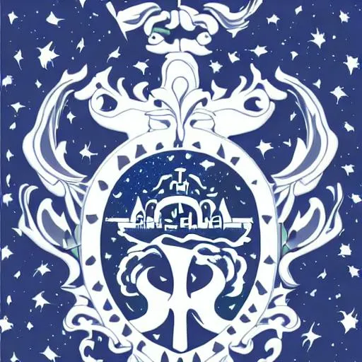 Prompt: make me a family crest for a place of stars and the night sky make it more cool colors different shades of vlue use more white  more like porcelain art