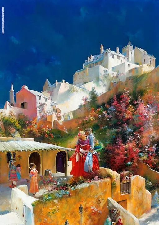 Prompt: A small town in a hill by Pino Daeni, esao Andrews, Lisa graa Jensen and Dominic Davison. Best quality, ultra detailed. Polished finish.